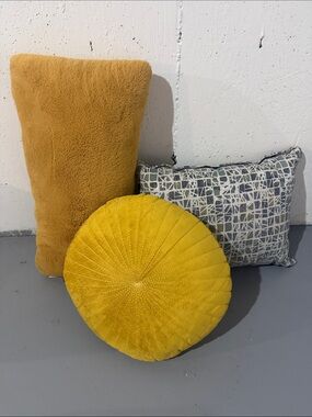 Round Mustard Yellow Velvet Pillow + Mustard Rectangular Fur Pillow
